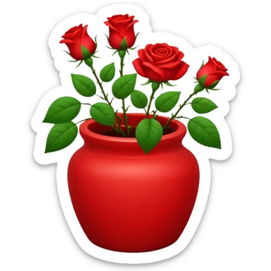 Scarlet red ceramic pot, very short and cylindrical, with red roses. sticker