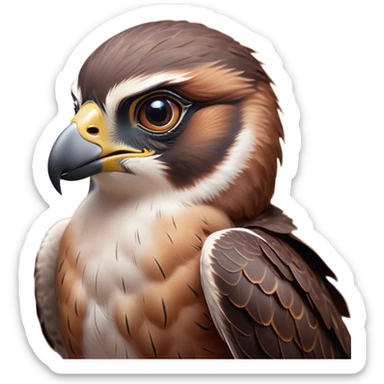 Cinematic Cute Falcon Portrait Emoji, Head tilted playfully and inquisitively, featuring a sleek, agile form with a delicately curved beak and round, sparkling eyes full of spirited charm, Simplified yet irresistibly adorable features, highly detailed, glowing with a warm, inviting glow, high shine, affectionate and lively, stylized with a touch of whimsical aerial grace, soft glowing outline, capturing the essence of a mischievous yet endearing falcon that seems as if it could dart out of the screen into your heart! sticker