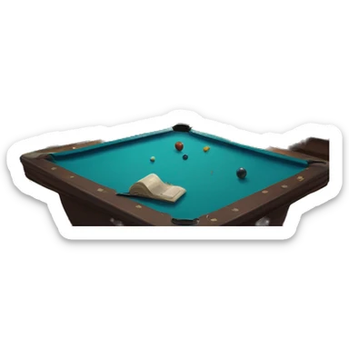 a dark-brown lounge area with a desk and a computer on top of it, a round table, 2 paintings on blue walls, a pool table and a pool stick on the pool table, a floor lamp, a big carpet on the floor, and one carpet on the wall sticker