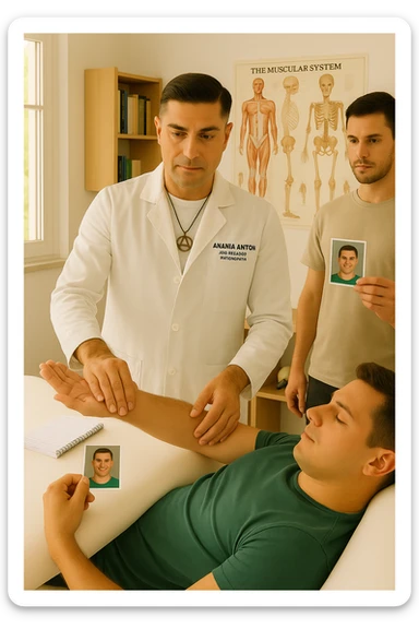 a middle-aged man, dressed in casual professional attire, is in a bright, organized therapy studio. Durante una visita di kinesiologia, il ragazzo tiene con una mano la foto di una persona lontana (il “testimone”) tiene la foto in mano, mentre con l’altra mano esegue un test muscolare su un cliente presente senza foto lui non tiene la foto. Sullo sfondo si vedono libri di kinesiologia, poster anatomici e strumenti tipici della disciplina. L’atmosfera è concentrata e serena, con luce naturale che entra dalla finestra, sottolineando l’aspetto alternativo e umano della pratica. sticker