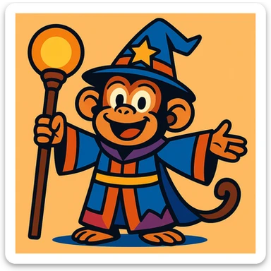 cartoon style wizard monkey with magical staff, smiling, colorful robe sticker