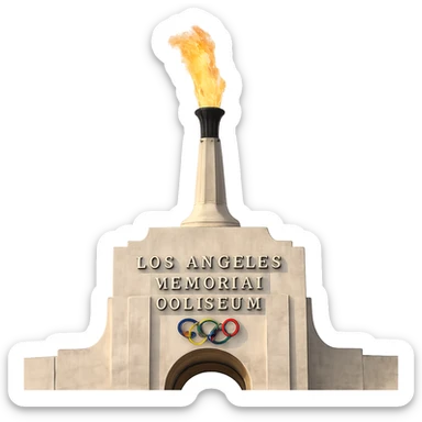 Add a realistic, bright flame coming out of the top of the Olympic Torch at the center of the Los Angeles Memorial Coliseum. The fire should be contained to the top of the torch. Keep everything else exactly as it is. Transparent background. sticker