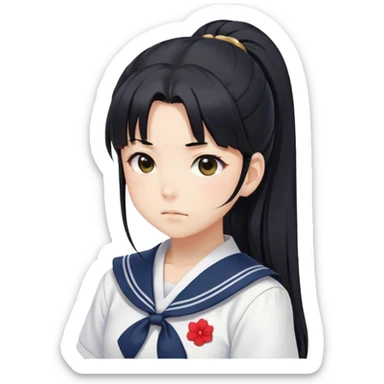 Serious anime girl with long black hair in high ponytail wearing Japanese sailor style school uniform, stern expression, kawaii style sticker
