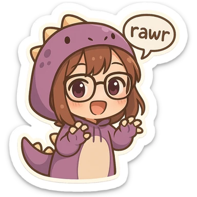 chibi anime style girl with glasses, brown hair, dark purple eyes, wearing a purple dinosaur costume, saying 'rawr' in a cute playful way, with a speech bubble sticker