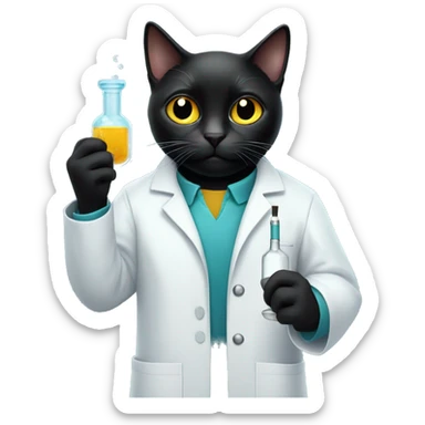 Black cat wearing a lab coat with shocked expression holding a vial sticker