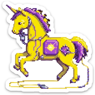A yellow electric horse in pixel art style, made of electricity and lightning, with visible yellow wires, bolts shooting from its body as it runs. sticker