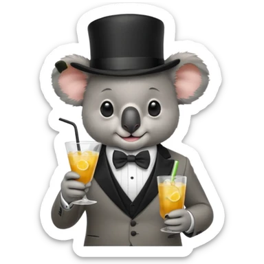 koala wearing suit, bowtie and top hat, holding a glass of drink sticker