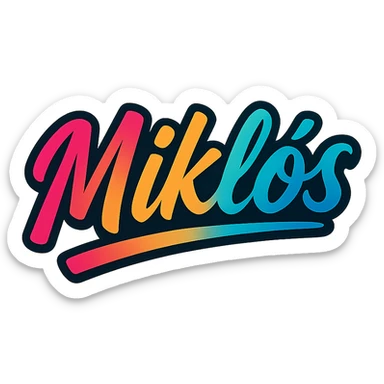 The name 'Miklós' in a modern, colorful gradient font with a dark outline, on a transparent background, with the name underlined or partially underlined dynamically with a slanted underline, in the style of the sample images. sticker