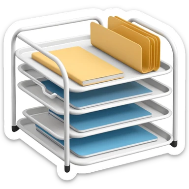 A minimal, clean emoji-style illustration of a white metal desk paper organizer tray, shown in slight isometric view so its structure is readable at a small scale. The organizer is rectangular with rounded corners, made of thin white metal wires, forming two to three stacked horizontal slots.
 sticker
