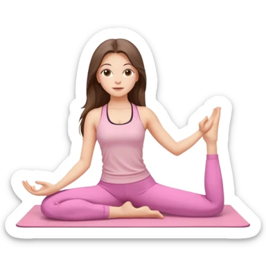 white brunette girl long hair with hazel eyes in light pink workout clothes stretching on a yoga mat sticker