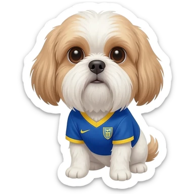 white and light brown shih zhu wearing a Curacao soccer jersey v neck 2026 work cup sticker