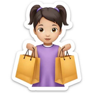 Asian toddler girl in 2 pony tails holding shopping bag sticker