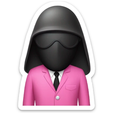 "Emoji of a Squid Game guard in a pink suit, black mask with a white shape (circle, triangle, or square), cartoon style, simple and recognizable sticker