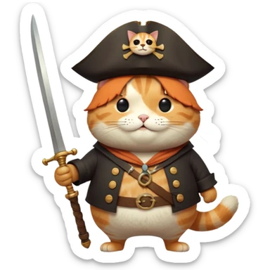 Anthropomorphic, cute fat cat pirate, dynamic, Q version proportions, form by Jon Klassen and Nicola Kinnea full body, rich details 8k, isolated on white background sticker