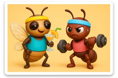 EMOJI STILE IPHONE 3D DI UNA CICALA E UNA FORMICA IN ABITI FITNESS, LA CICALA HA IN MANO UN COCKTAIL MENTRE LA FORMICA HA IN MANO UN MANUBRIO DA PALESTRA. L'IMMAGINE RAPPRESENTA IL FATTO CHE LA FORMICA VOGLIA IMPEGNARSI REALMENTE PER CAMBIARE IL SUO FISICO MENTRE LA CICALA SI VUOLE DIVERTIRE E NON CONCLUDE NULLA ALLA FINE sticker