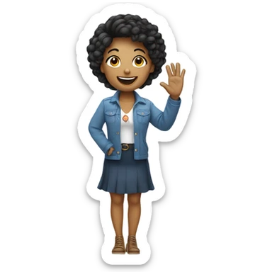 a woman saying hey! with a smile and a wave with a cute outfit on sticker