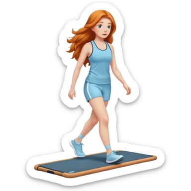 Gorgeous Ginger girl long hair walking on walking pad light blue gym outfit sticker
