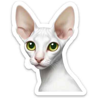 The Cornish Rex cat is white, with a gray spot on her coat near her right eye. The eyes are green sticker
