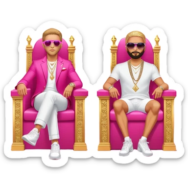 Celebrity millionaire entrepreneur Branden Condy & Alex Hormozi, designer fit, 3 diamond tennis chains, seated on a massive gold throne, sunglasses on, hot pink private jet behind him sticker