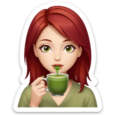 beautiful brunette with slightly cherry red tinted hair , with dark hazel eyes (let's call her kami), sipping matcha sticker