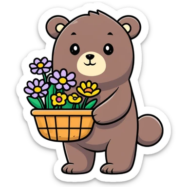 bear carrying a basket of wildflowers, soft pastel brown and cream sticker