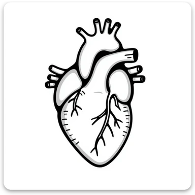 A heart drawn with hand-drawn lines, anatomical heart with chambers and arteries, medical diagram style with detailed internal structure sticker