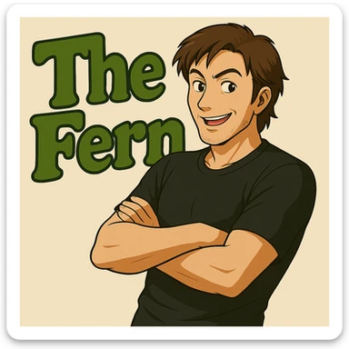Make the brunette anime man look a little older (late 20s to early 30s) with more mature facial features, still leaning to the side with arms crossed, in front of green bubble letters that say 'The Fern'. He should have a black t-shirt, no jacket, medium-length brown hair, and an expressive anime face. Keep the playful, bold vibe as in the original style. sticker