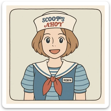 Robin Buckley from Stranger Things, iconic look: Scoops Ahoy uniform, short hair, fun expression, simple line art, light pastel tones, thick outlines, in Ghibli style, square 1:1 format. sticker