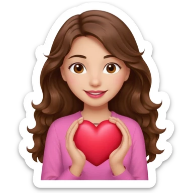 girl with long wavy brown hair, brown eyes, light to medium complexion, in a pink shirt, pink lips, long lashes, smiling, squeezing a big heart sticker