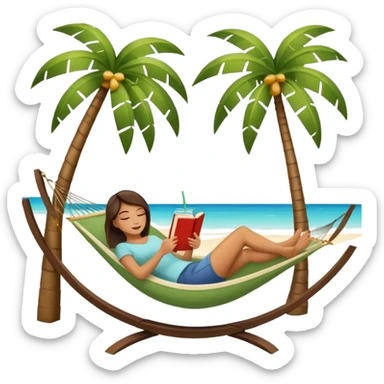 woman lying on a hammock between two palm trees, holding a book in one hand and a fresh drink next to her, symbol of relaxation, isolated on white background sticker