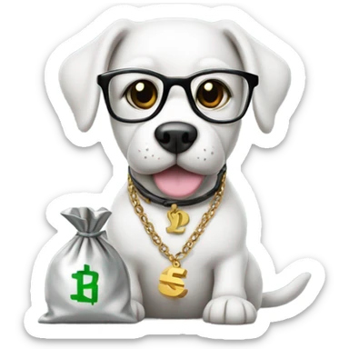 Dog with glasses and a silver necklace with a money bag sticker