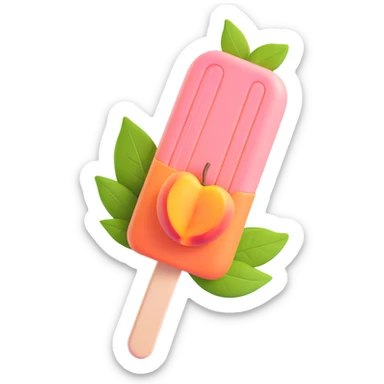 A peach-flavored popsicle with two peaches and green leaves inside, on a stick. The popsicle is light pink with a darker pink outline. sticker
