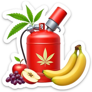 bright red gasoline canister surrounded by a banana, an apple, grapes, and a cannabis leaf, red fuel can with fruits and marijuana leaf arranged around it sticker