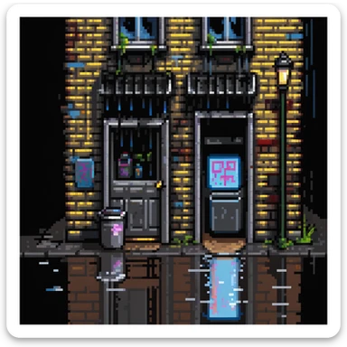 Pixel art background in side-scrolling view, inspired by classic Sega fighting games. Dark urban street in front of an old brick building, with graffiti, broken windows, metal door, trash cans, flickering neon sign, and a streetlamp. Gritty atmosphere, nighttime, subtle rain puddles on the ground. sticker