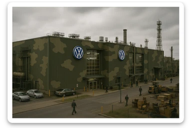 Realistic Volkswagen factory exterior, large industrial building with Volkswagen logo, parking lots filled with cars, factory grounds with machinery and equipment, realistic lighting and shadows, industrial atmosphere, workers in uniforms walking around, camouflage colors, focus on the factory building in camouflage colors sticker