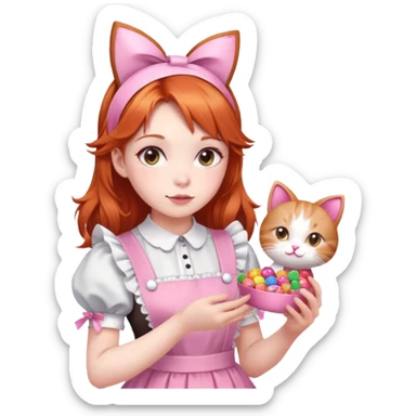 A girl maid with ginger hair, pale skin and dark brown eyes, her colour is pink (dress and more), have candies and ribbons in the hair, cat ears too sticker