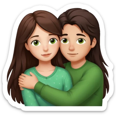 Girl and boy couple Both peach skin and darkish brown hair, give girl freckles HUGgING EMOJI give girl long hair, green brown eyes too sticker