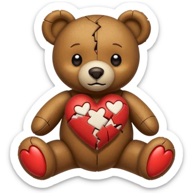 broken toy bear with a stitched heart sticker