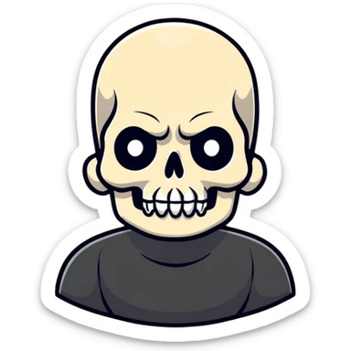 man with oval-shaped flat-top head wearing a black shirt with a gray skull on the front sticker