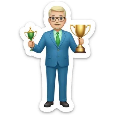 Full Body white middle aged male plus size wearing glasses with a goatee with light blonde and gray very short hair basketball head Coach in blue and green suit holding trophy sticker