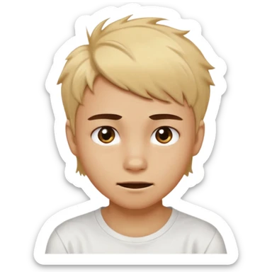 caramel skin color. Teen age. Short buzz, messy blonde hair, dark brown bushy eyebrows large expressive golden-brown eyes, brown skin color, scar over nose, wearing a plain white t-shirt. Awkward smirk with visible teeth. sticker