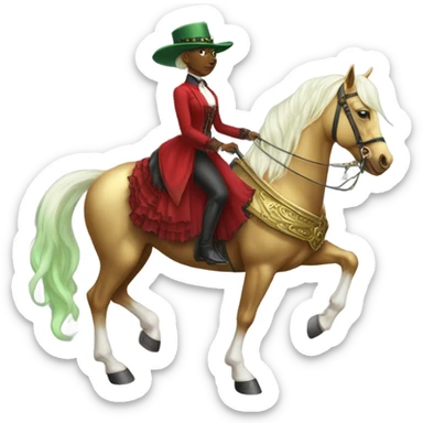 "galora green blonde alien woman" in victorian red, elegant dress, full body, rides golden and white "horse"
 sticker