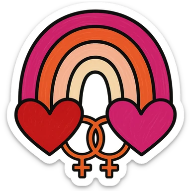 Make the rainbow with hearts more explicitly lesbian by using the lesbian pride flag colors and adding double venus or interlocked female symbols. Keep it bright and cheerful, no text, with no background. sticker