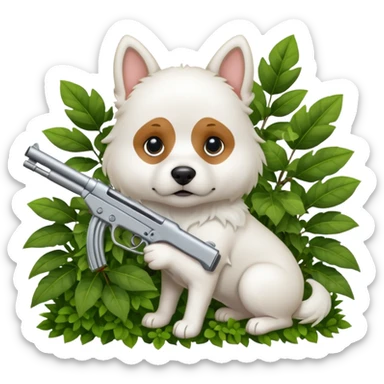 A dog hiding in the bushes with a gun, white fur, serious expression. sticker
