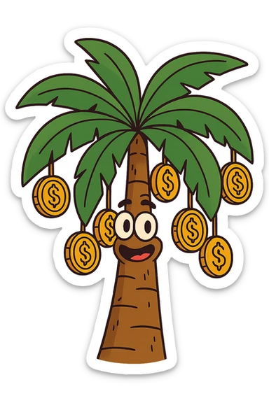 palm tree with golden coins hanging as fruit, flat modern style, bright saturated colors with greens, golds, reds, minimal but expressive, universal look sticker