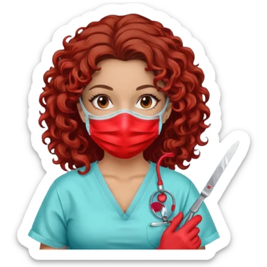 Lilith symbol seductress evil surgeon. curly, long hair. brown hair. Red surgical mask and hair covering. She works for cartel and kills  with a scalpel. sticker