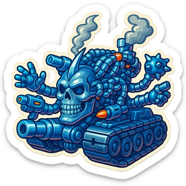Edit the skull robot tank to have 4 distinct arms, each hand holding a different weapon. All metal parts should be shiny greyscale, with some non-metal elements featuring vibrant color accents. Maintain the retro stickers style with a clean outline and transparent background. sticker