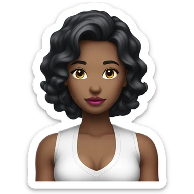 girl, black thick wavy hair, middle hair parting, juicy pink lips, white skin, long hair, white vest top, no necklace, small chest area sticker