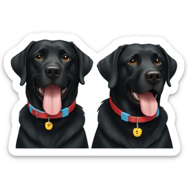 2 happy adult black labradors, one with red collar, one with light blue collar,side by side. sticker