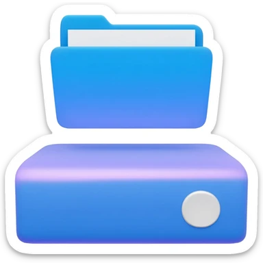 "A blue digital folder placed over a regular file folder, with a soft purple glow effect and an arrow indicating file upload and download with japan word." sticker